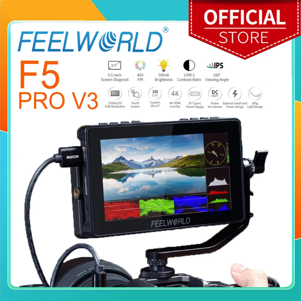 

FEELWORLD 3D LUT Touch Screen F5 Pro V3 5.5 Inch DSLR Camera Field Monitor 4K HDMI Input Output Wireless Transmission LED Light