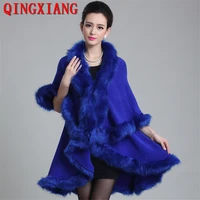 12 colors women faux fox fur collar european coat winter warm long knitted 2 layers poncho cape cashmere loose shawl streetwear