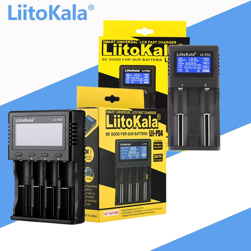 

LiitoKala Lii-PD4 Lii-PD2 18650/26650/18350/16340/18500 Lithium Battery 1.2V 3.2V 3.7V 3.8V AA AAA NiMH 110-220V DC Charger