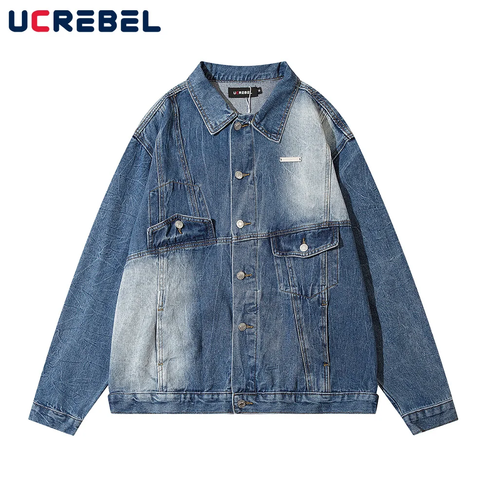 

Джинсовая куртка мужская однобортная, уличная одежда из денима с цветными блоками, вареная, с лацканами, повседневная верхняя одежда, осень-...