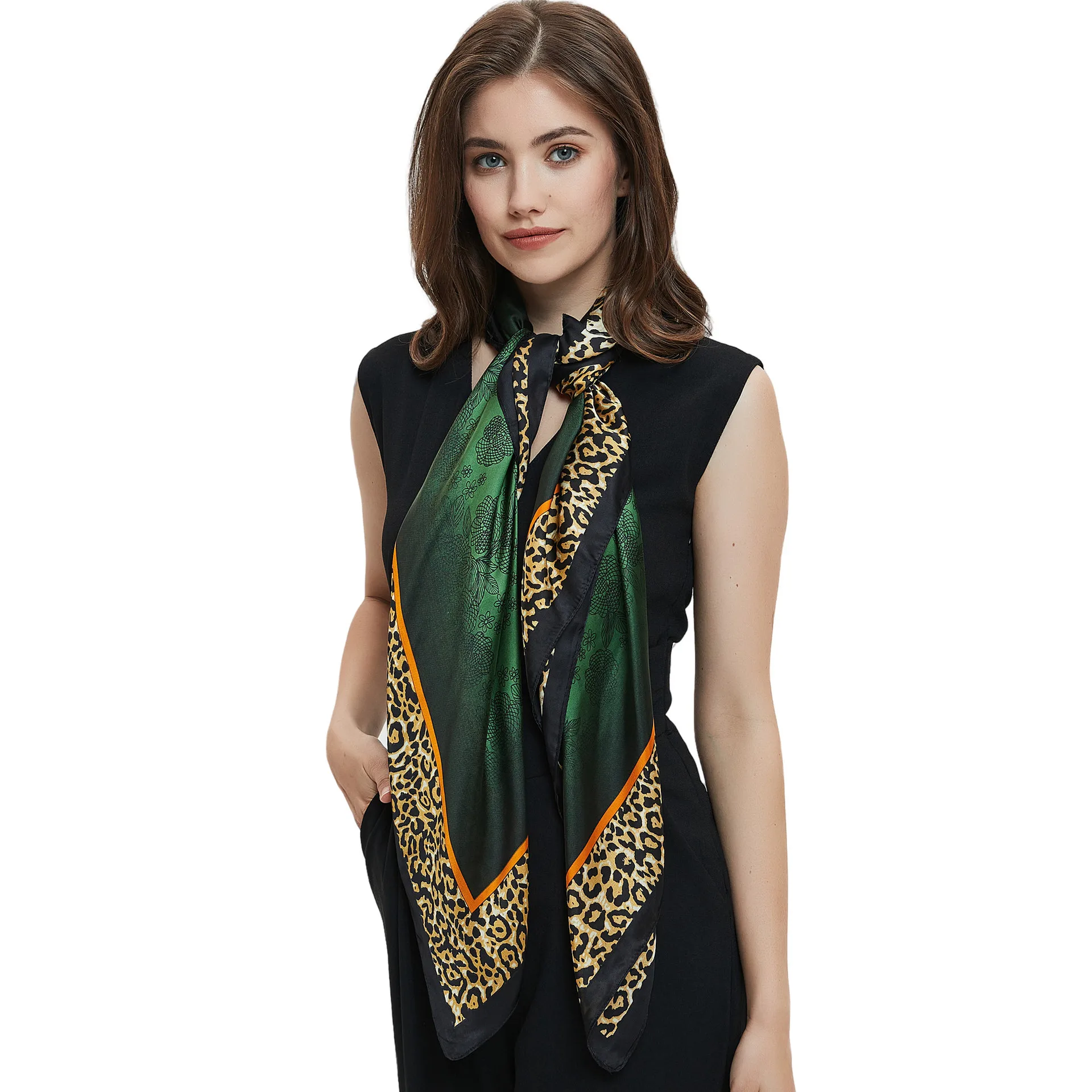 

Весенний Модный женский шелковый шарф с леопардовым рисунком зеленые квадратные шарфы повязки шаль для женщин уличный Повседневный тонкий шейный платок