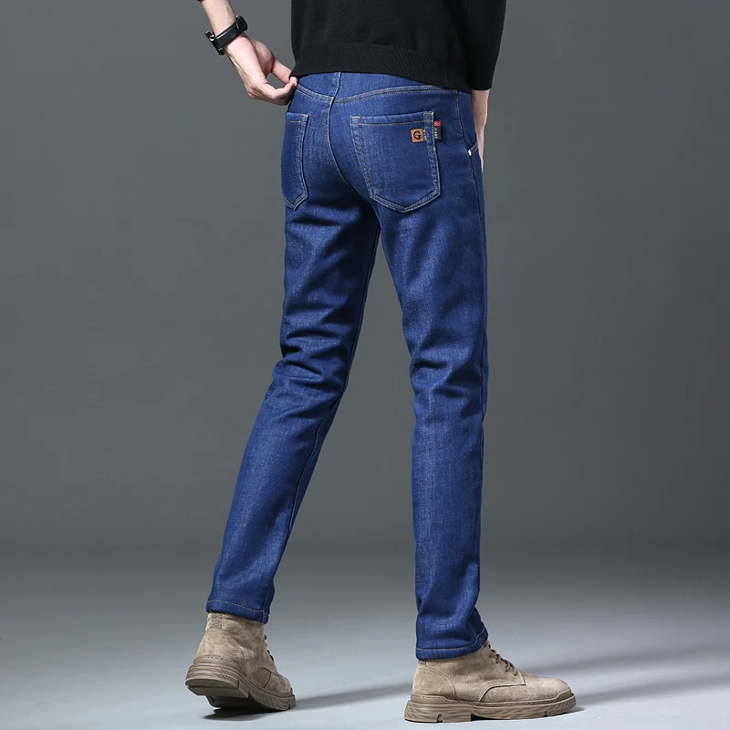 Winter New Jeans With Velvet Men Classic Blue Slim Stretch Cotton Thickened Solid Color Pants Snow Weather Warm Denim Pants 2022