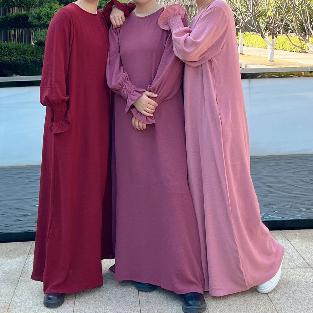 

Under Abaya Inner Long Slip Dress Solid Color Smocked Cuffs Islamic Clothing Muslim Woman Gown Casual Dubai Turk Modest Robe