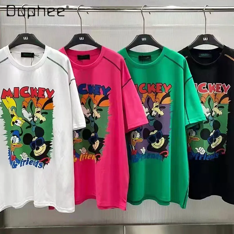 

Oversized Women Clothing Rose Red T-shirt Cartoon Printed Short-Sleeved Pullovers Female 2022 Summer New Loose White Basic Top