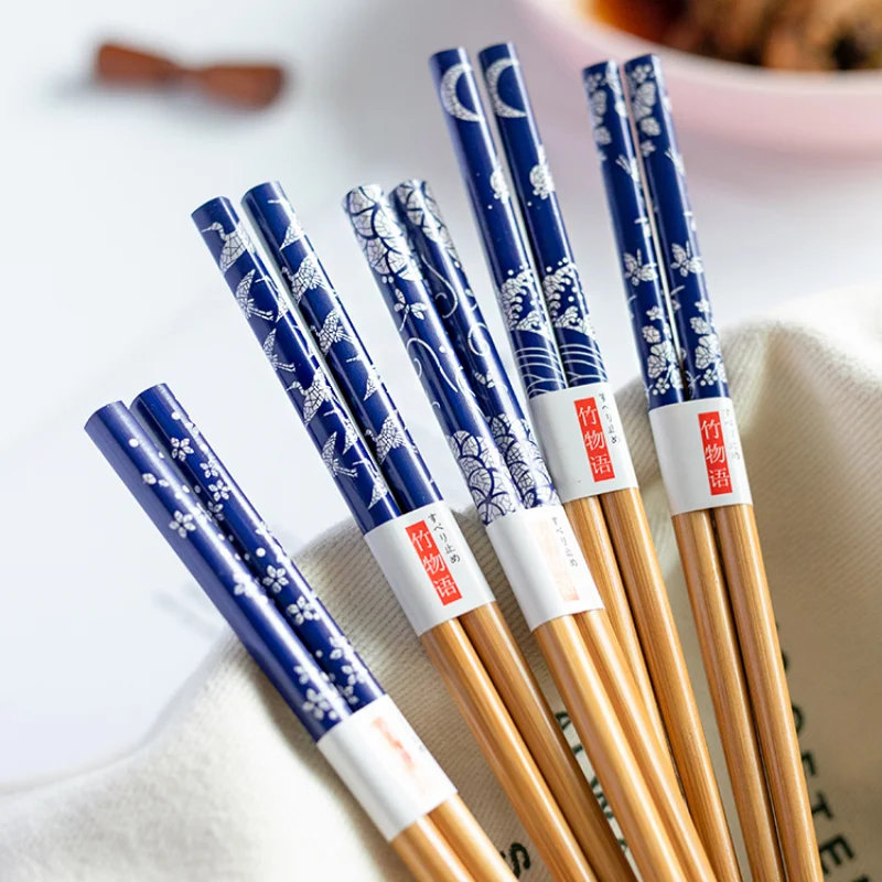 

5 pairs of Chinese blue creative gifts bamboo chopsticks high-end household chopsticks non-slip mildew-proof sushi chopsticks