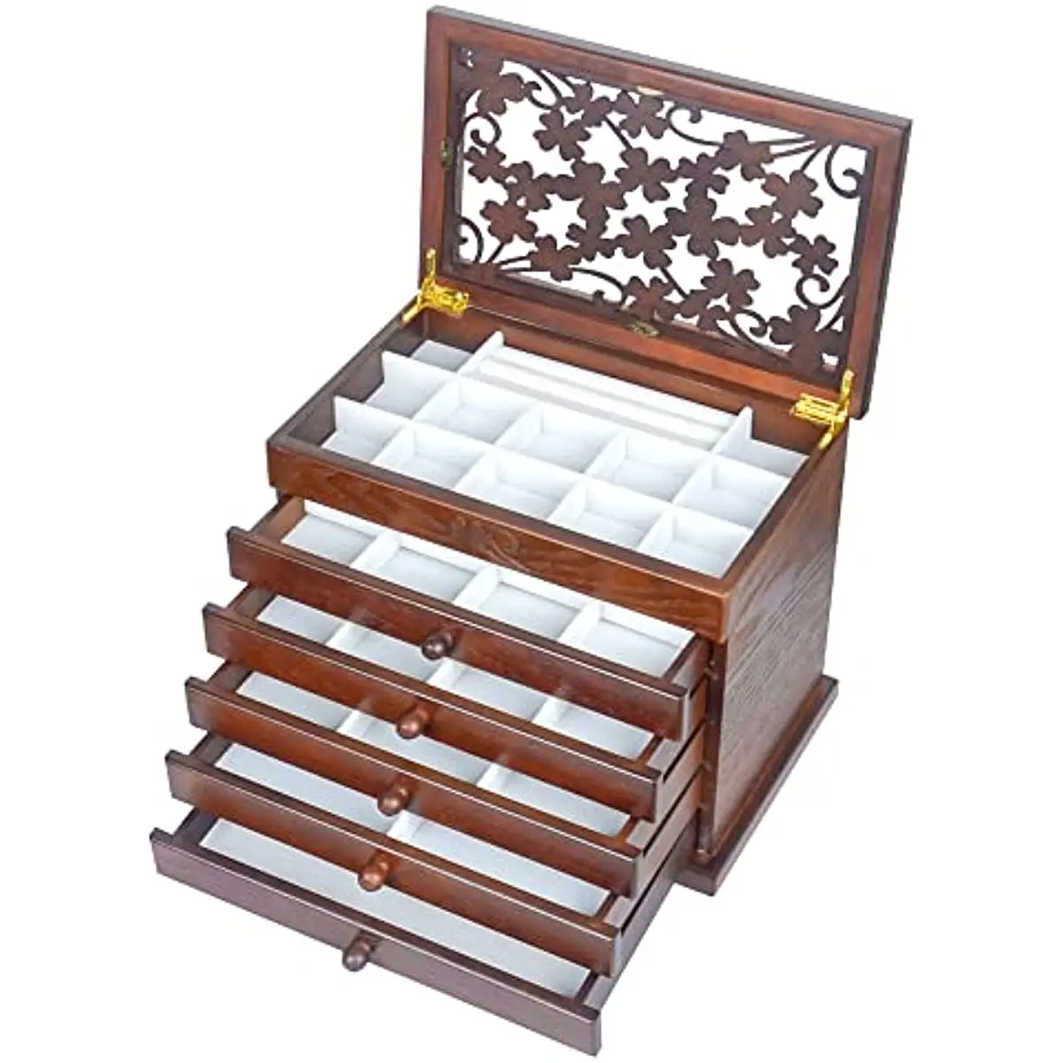 Kendal Jewelry Box for Women, Real Wooden Jewelry Organizer Box with Rose Leaf Patterns, 6 Layer with 5 Drawers Jewelry Boxes