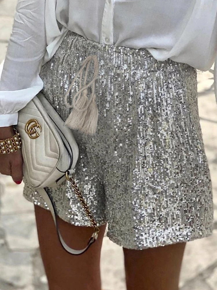 Solid Sequins Glitter Sexy Fashion Woman Shorts Straight High Waist Shorts for Women
