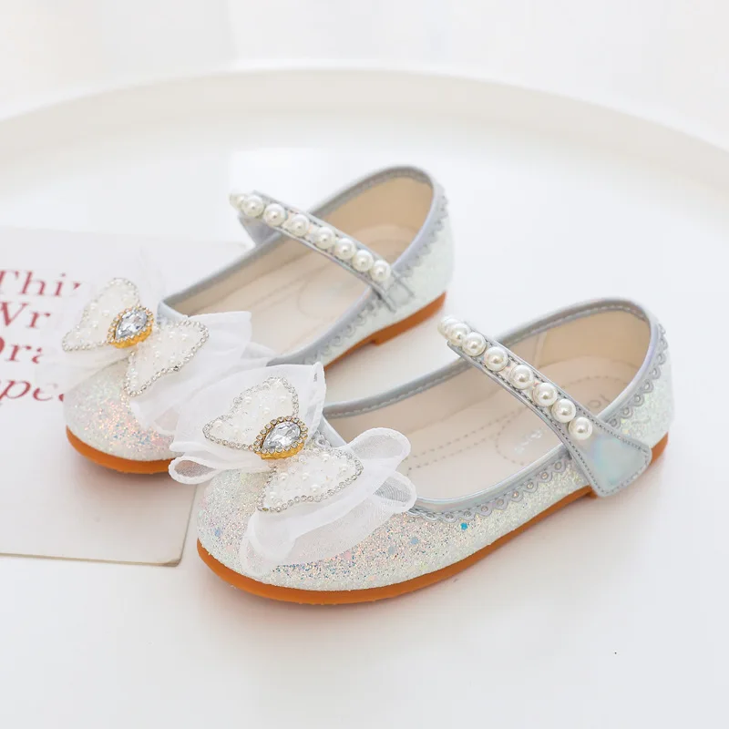 Sweet Princess Leather Shoes Spring and Autumn New Children's Shiny Soft Soled Baby Girls Crystal Shoes for Party Wedding Pearls enlarge