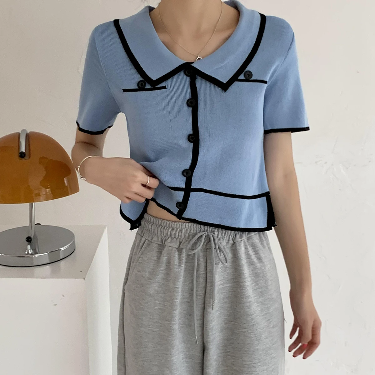 

Женский трикотажный кроп-топ с воротником-поло, летние тонкие футболки, женские футболки, сексуальные футболки с коротким рукавом, женские ...