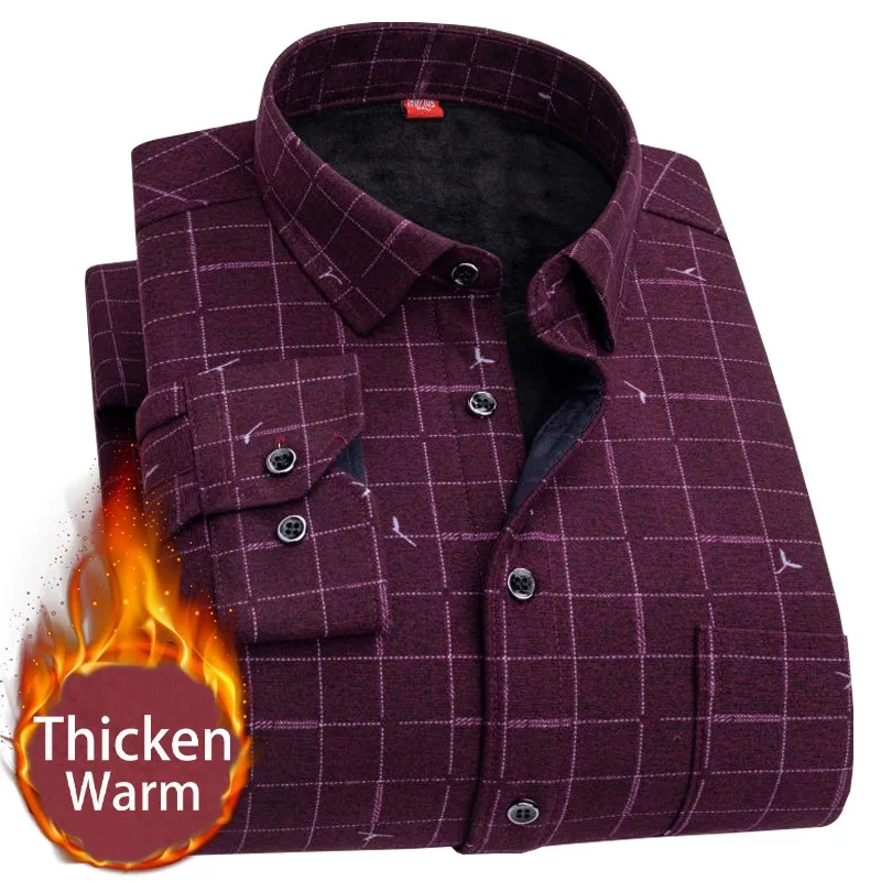 

2022 Autumn Winter Warm Shirt Plus Size Velvet Thickening Fashion Print Plaid Shirt Long Sleeve Men's Brand Shirt Dress Shirt