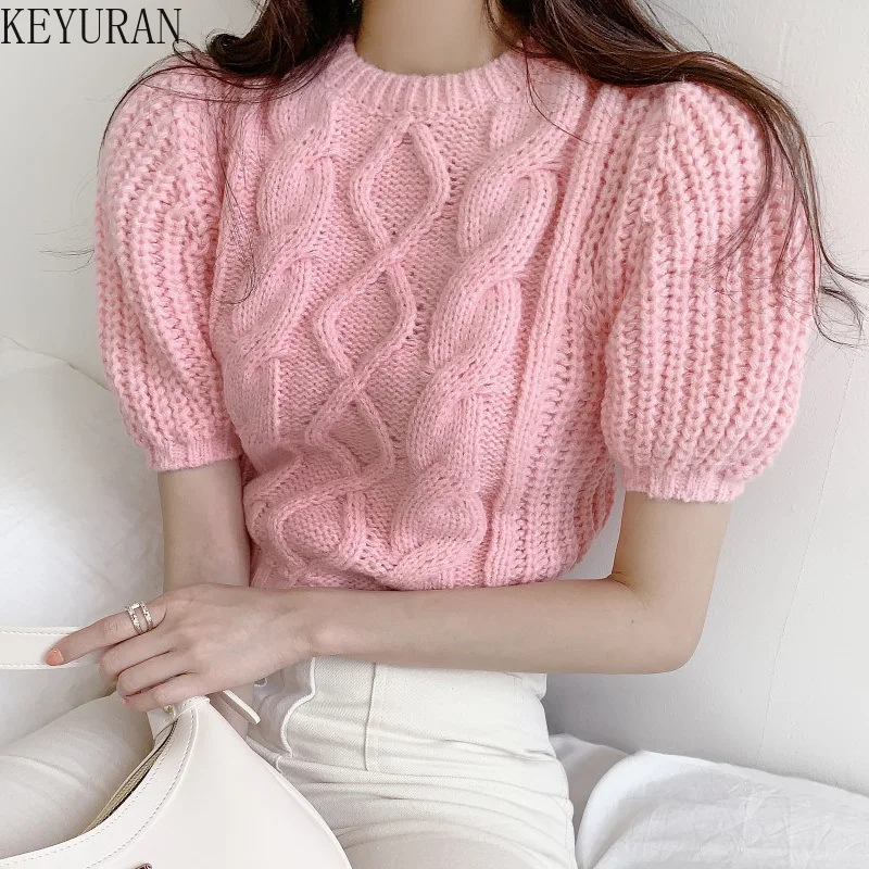 

Корейский вязаный укороченный свитер с пышными рукавами, Женский пуловер, милая шикарная повседневная короткая трикотажная одежда с кругл...