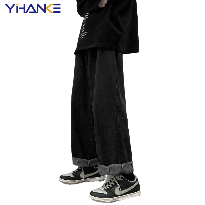 YIHANKE Men's Pants Straight Solid Color Jeans Large Size Loose Wide Leg All-match Trend Hip-hop Men's Pants Pantalones Hombre