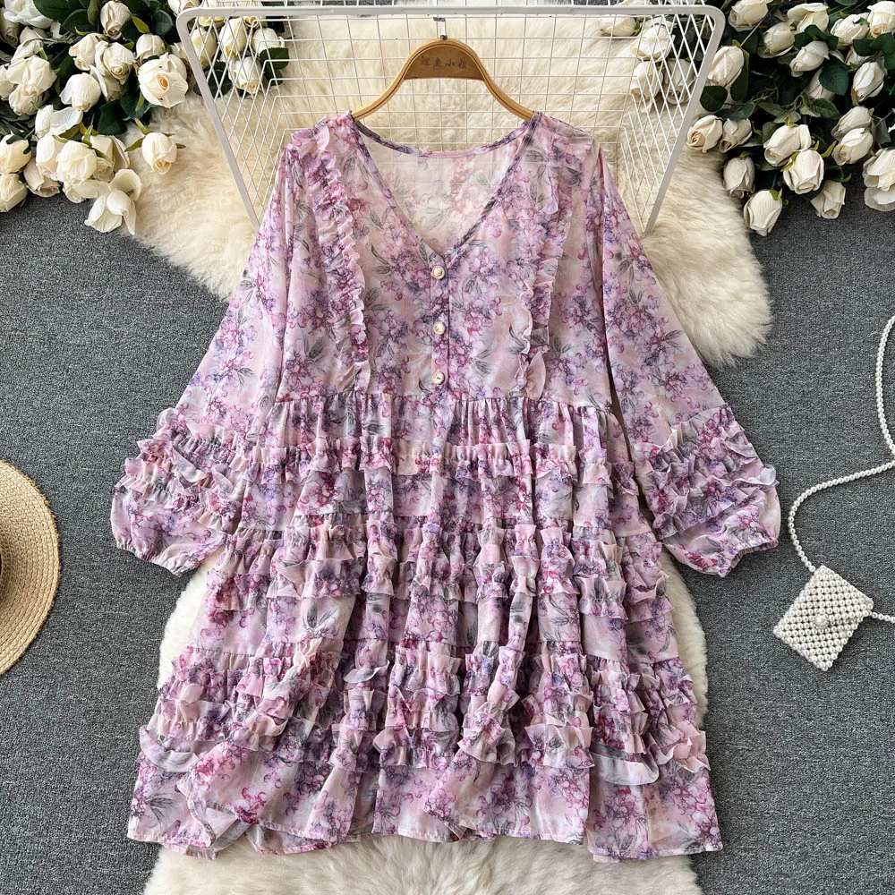 

VANOVICH French Romance Purple Floral Chiffon Dress Loose Waist Women's Summer New Lantern Sleeve V-Neck Knee-Length Dress
