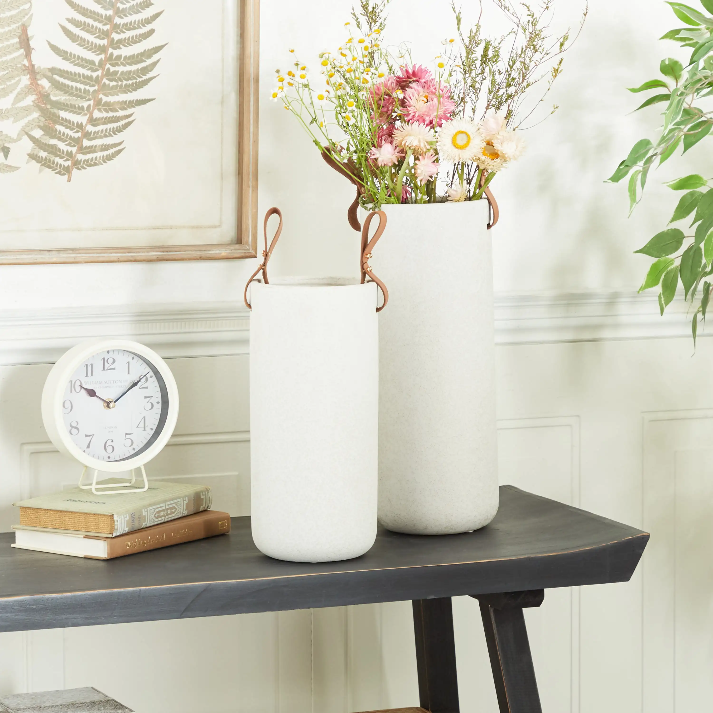 

15", 12"H White Ceramic Vase with Leather Handles, Set of 2