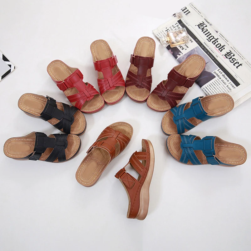 PU Leather Wedge Sandals And Slippers Women Cross Strap Platform Summer Outdoor Mother Shoes Comfy Sandales Femmes Ete 2022