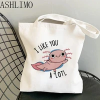 women handbag kawaii i like you axolotl foldable reusable cloth shopper harajuku style bag student canvas tote bag grocery bag