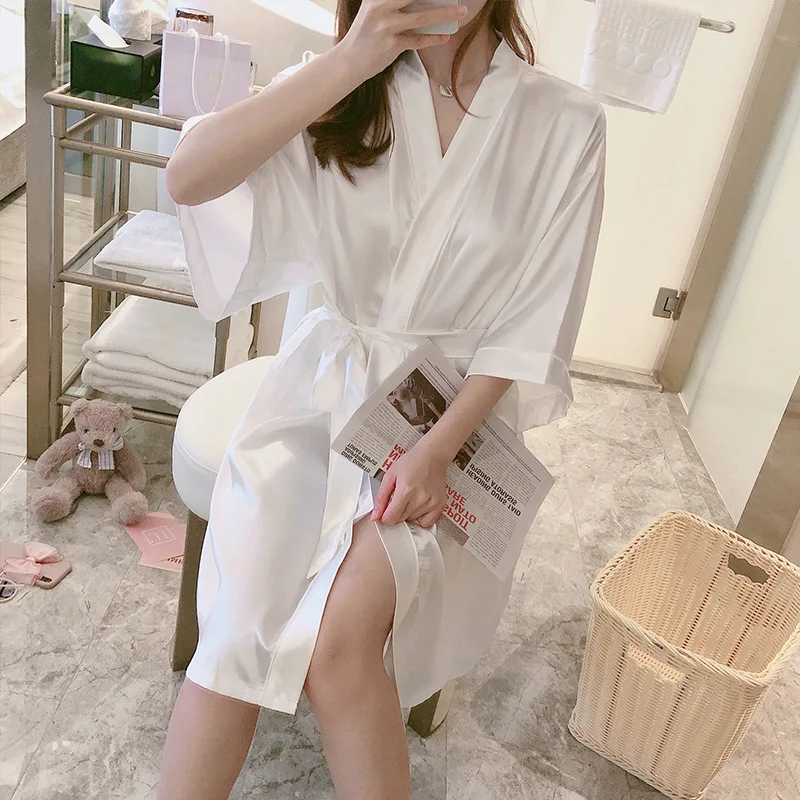 Pajamas women's summer new white sexy ice silk loose bathrobe satin simulation silk nightgown home service