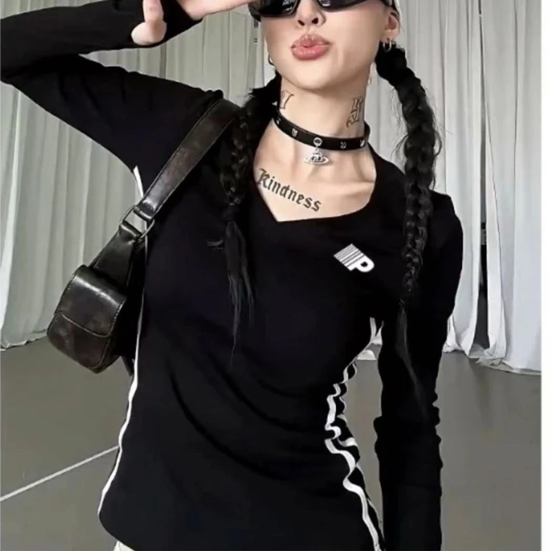 Сексуальные тонкие полосатые лоскутные футболки весенне-осенние новые