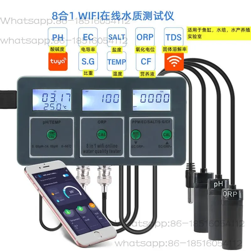 Фото Многофункциональный Wi-Fi тестер качества воды 8-в-1: pH, CF, ОВП, соленость, для морской воды и аквариумов №1