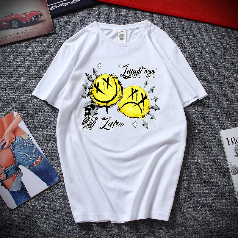 

2022 Summer New Men's Funny Smiley Pattern T-Shirt 100% Cotton High Quality Ladies Short Sleeve Top Trendy Casual Shirt Oversize