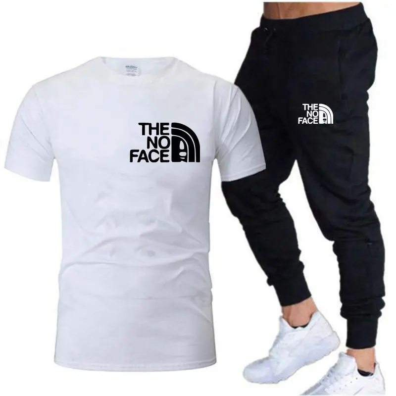 THENO 2023 new men's cotton hot brand summer T-shirt+trousers men's fitness jogging two-piece men's casual sports suit