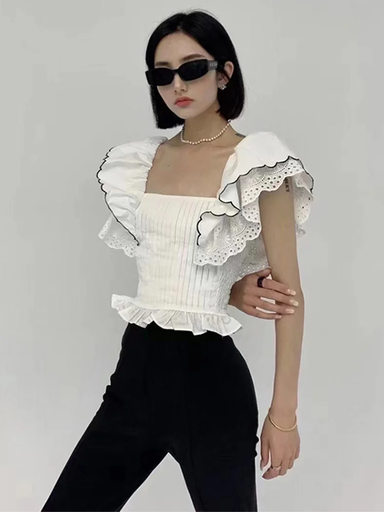 

Patchwork Ruffle Shirt For Women Square Collar Flying Sleeve Off Shoulder Short Blouses Female 2022 Summer Clothing New M133