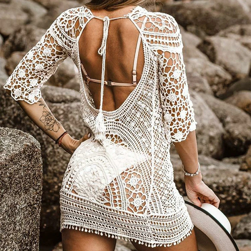 

Apricot Boho Hollow-Out Cover Up Sexy Deep Open Back Woman Beach Mini Dress 2022 Summer Bathing Suit Women Beachwear