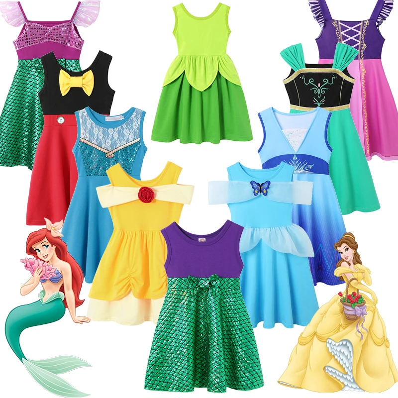 

Disney Little Mermaids Dress 2023 Summer Baby Girls Frozen Elsa Anna Princess Dress Mickey Belle Cosplay Costumes Casual Clothes