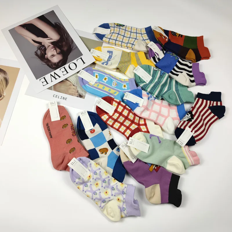 ALYDamei 1 pair of women's cotton socks summer cartoon grid cute girly style super nice
