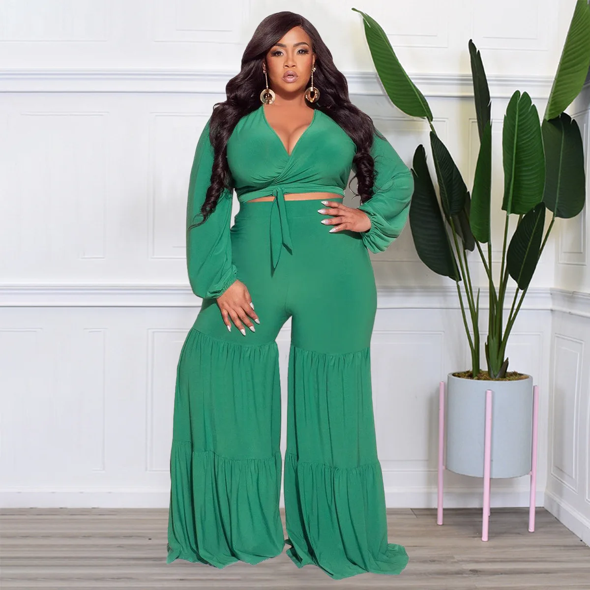 Plus Size Matching Sets Womens Tracksuit Set Solid Long Sleeve V-Neck Lace Up Elastic Waist Slim Office Lady Clothes for Women