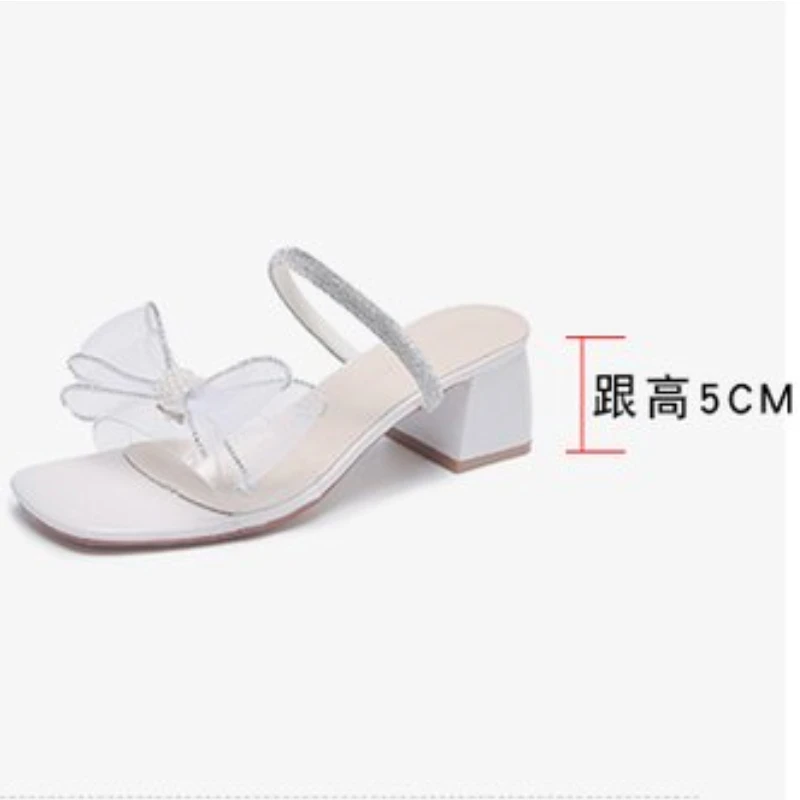 

Pearl Sandals Bow Shoes Female Beige 2022 Women's Block Heels Mesh Butterfly-knot New Laces Chunky Rhinestone Girls Clear High