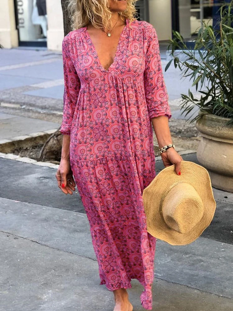 

Ethnic Floral Print Retro Party Dress 2022 New Fashion V-neck Mid-Waist Pullover Loose Dress Autumn Women's Casual A-line Skirt