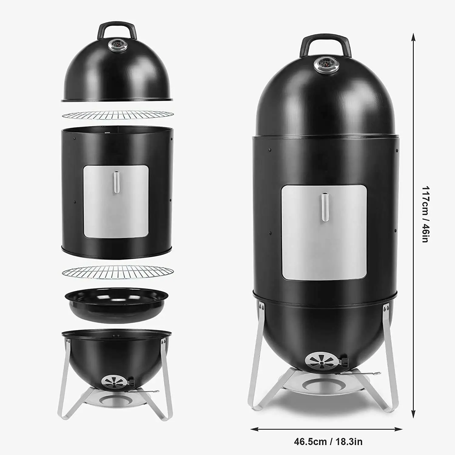 

3-in-1 Garden Charcoal Smoker BBQ Grill w/Hanging Rack, Hooks, Grill,Thermometer