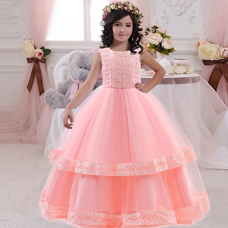 

2022 Summer Applique Kids Pink Bridesmaid Dresses For Girls Costumes Princess Dress Clothes Wedding Party Girl Dress Pearls Gown