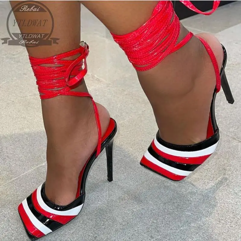 2022 Summer New Sandalen Dames Coral Red Thin Strap High Heel Ankle  Sandals  Women Zapatos Chaussure Femme