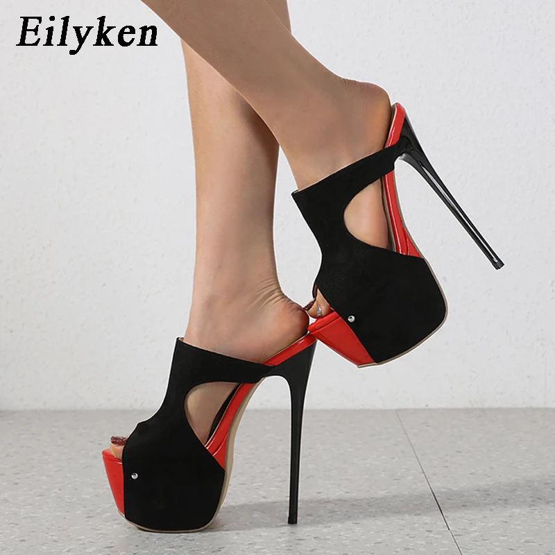 Eilyken 2023 Summer Black Thin Heels Platform Slippers Hollow out Women's Chunky Peep toe Slides Ladies Shoes Size 35-42