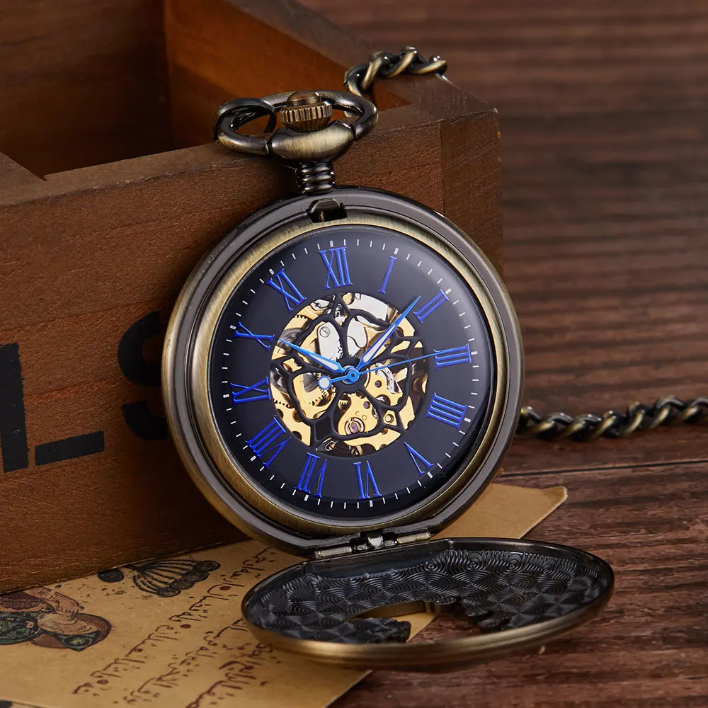 Vintage Steampunk Skeleton Mechanical Blue Roman Numbles Pocket Watch Men Women Necklace Pocket Fob Watches Chain Clock For Male