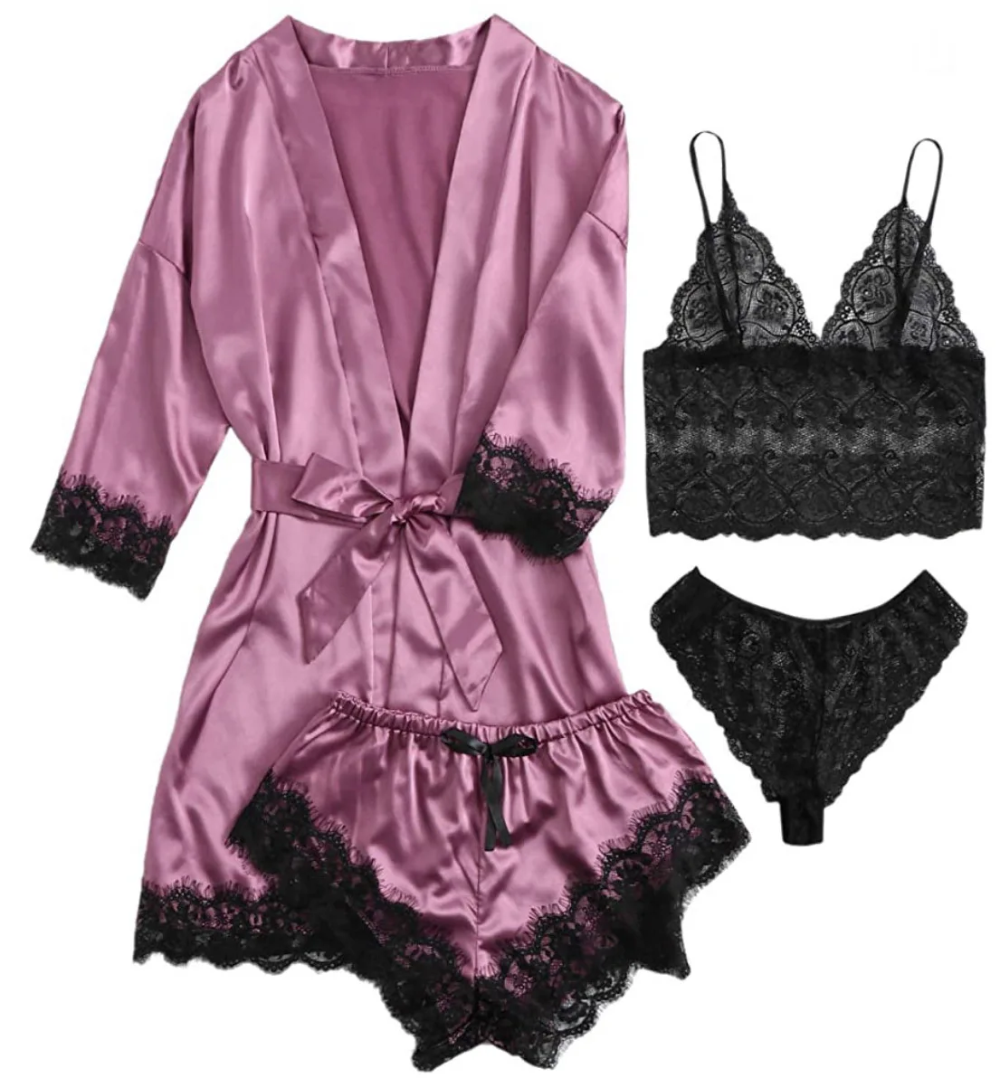 Woman Sleepwear 4pcs Floral Lace Trim Satin Pajamas Set with Robe Sexy Faux Silk Pijamas Robe Sets Casual Home Clothes Nightwear