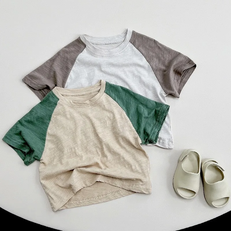

2023 Summer New Children Short Sleeve T-shirt Baby Boy Girl Loose Casual Cotton Tees Toddler Raglan Color Block Top Kids Clothes