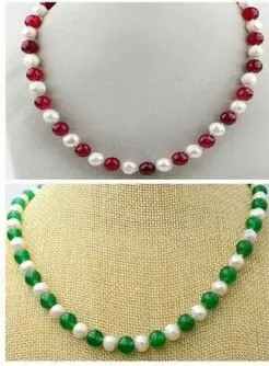 

Long 18inch 7-8mm Natural White Pearl & Green /Red Jade Gems Beads Necklace