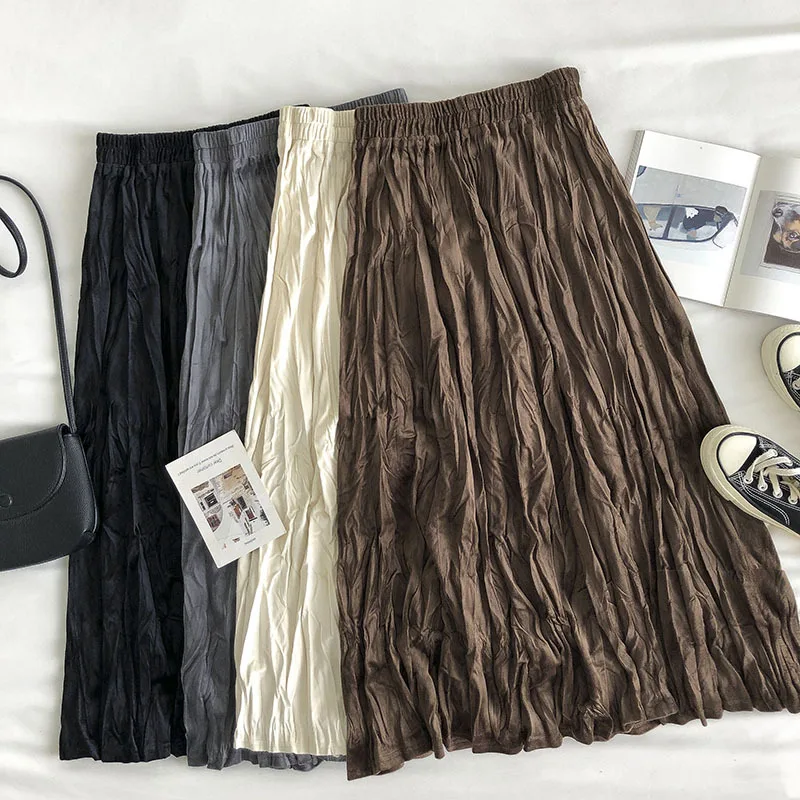 

Spring Autumn 2022 New Velvet Skirt Women Autumn Korean Style Pleated High Waist Slimming Casual Long Pleated Skirt Female