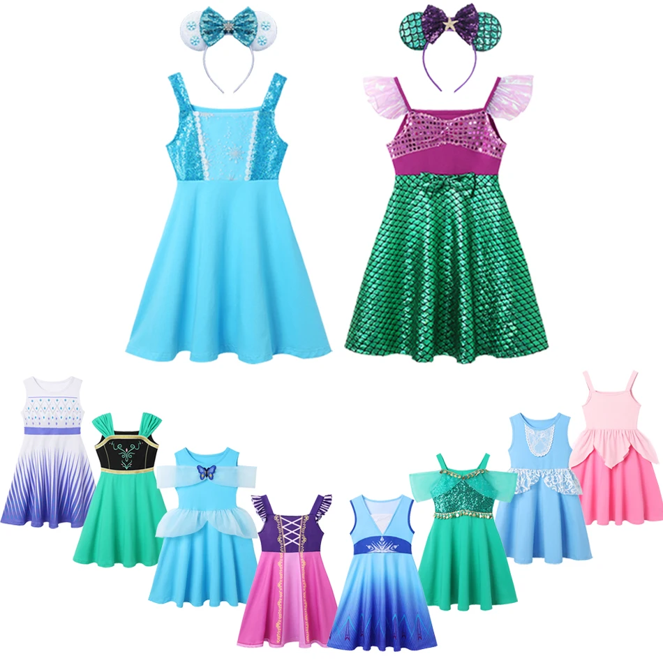 

2023 Summer Baby Girls Elsa Anna Dress Mermaid Cartoon Princess Theme Casual Dresses For 2-10 Years Kids Party Holiday Clothes