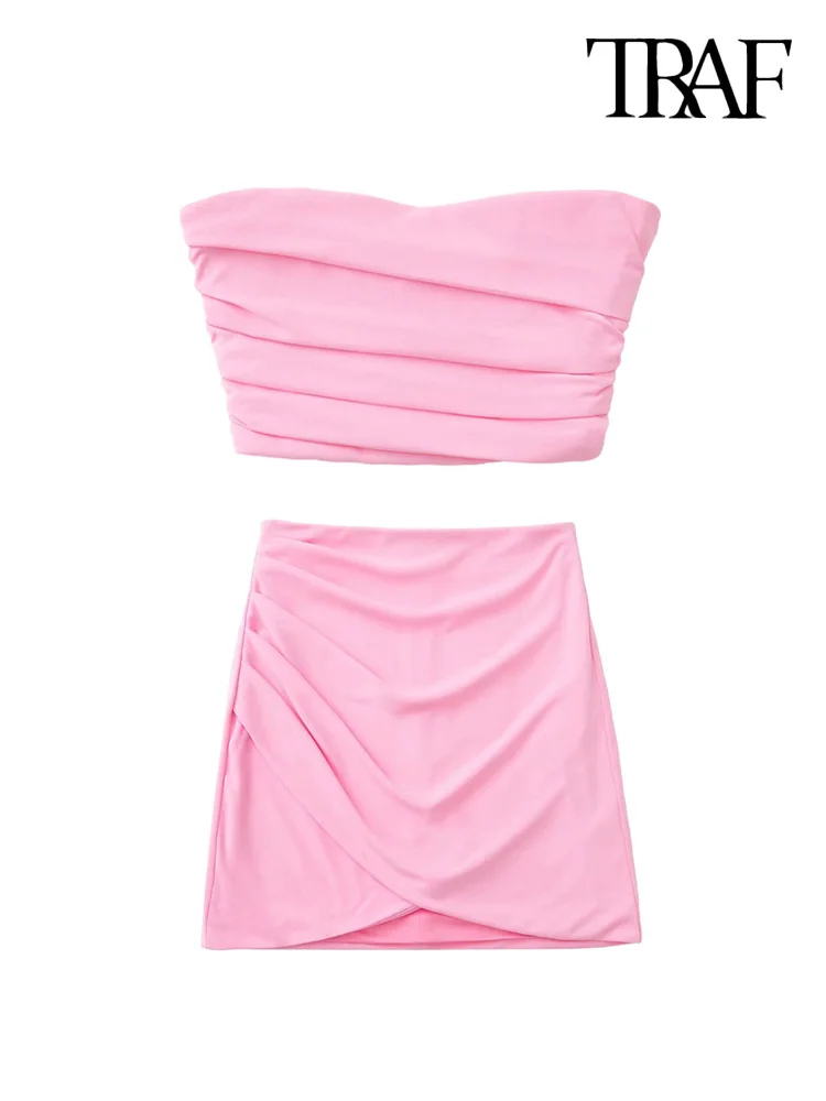 

TRAF Women Fashion Exposed Shoulders Cropped Corsetry And High Waist Draped Mini Skirt Female Two Pieces Sets Mujer