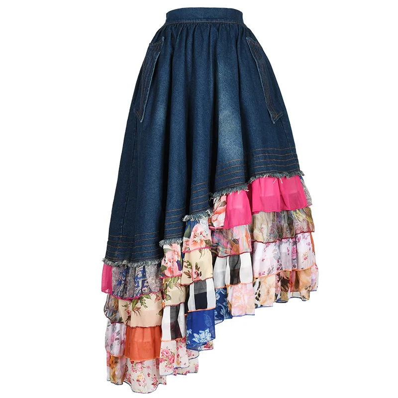 

Bohemian Long Skirt Tribal National Style Maxi Women's Chiffon And Denim Patchwork Skirt Ruffle Branch Irregular Skirt