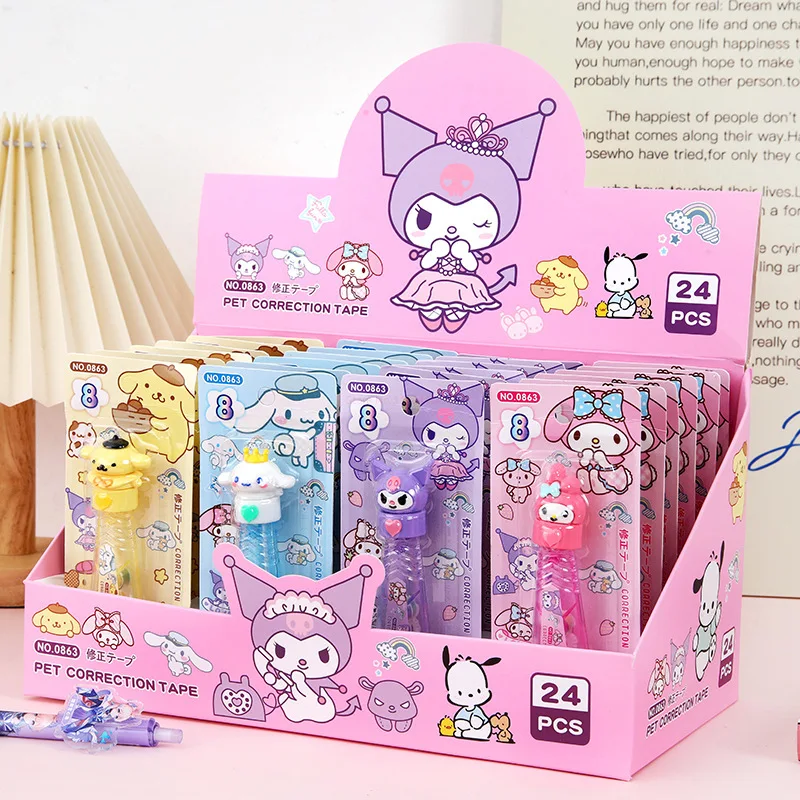 

4/24pcs Cartoon Sanrio Correction Tape Kuromi Cinnamoroll Purin Correction Paper Kawaii Students Supplies Stationery Wholesale