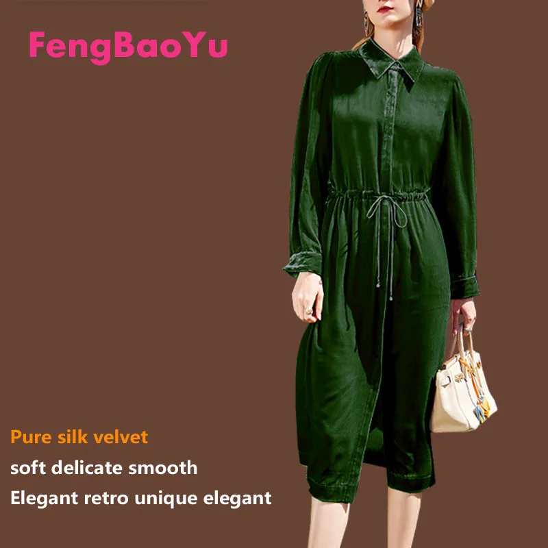 Fengbaoyu Silk Velvet Autumn Winter Women's Long-sleeved Shirt Bandages Dress 5XL Medium-length  on Sales with Free Shipping