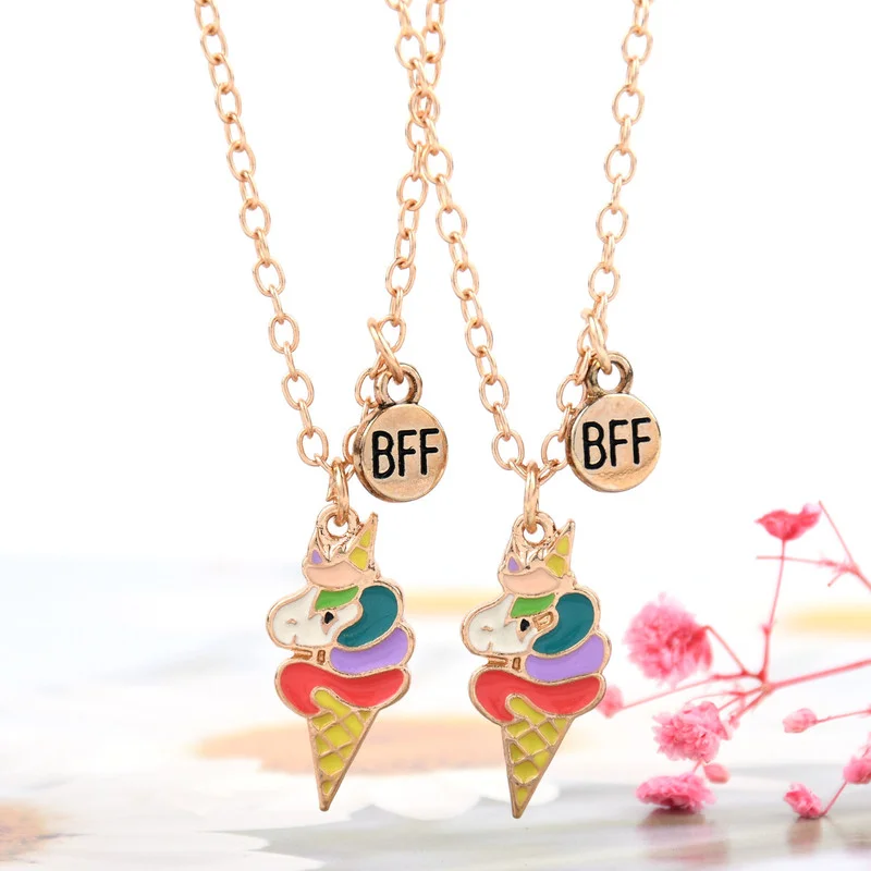 

Lovecryst 2pcs/set Ice Cream Unicorn Best Friends Drip Oil Necklace for Kids Girls Fashion Friendship Gifts