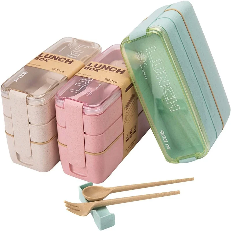 

3 In 1 Wheat Straw Bento Box Japanese Three-layer Sealed Leak-proof Lunch Box Microwave Oven Safe Food Storage Container