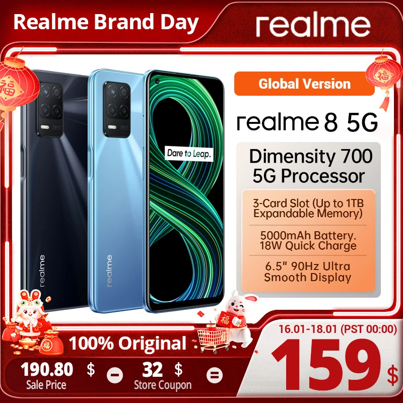  Global Version Realme 8 5G smartphone Dimensity 700 48MP Nightscape Camera 90Hz 6.5\" Large Fullscreen 5000mAh Battery 18W Charge 