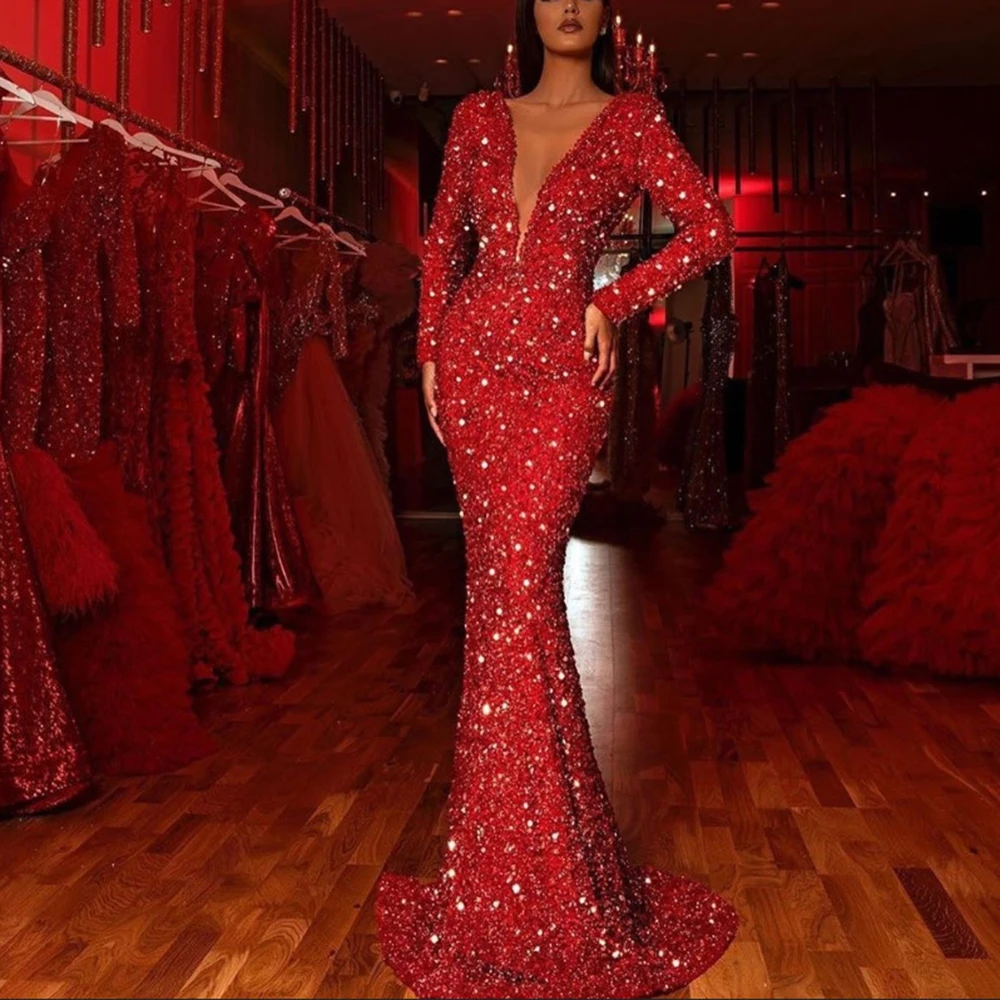 

Женское вечернее платье с блестками, элегантное банкетное платье с V-образным вырезом и длинным рукавом, платье Вечерние
